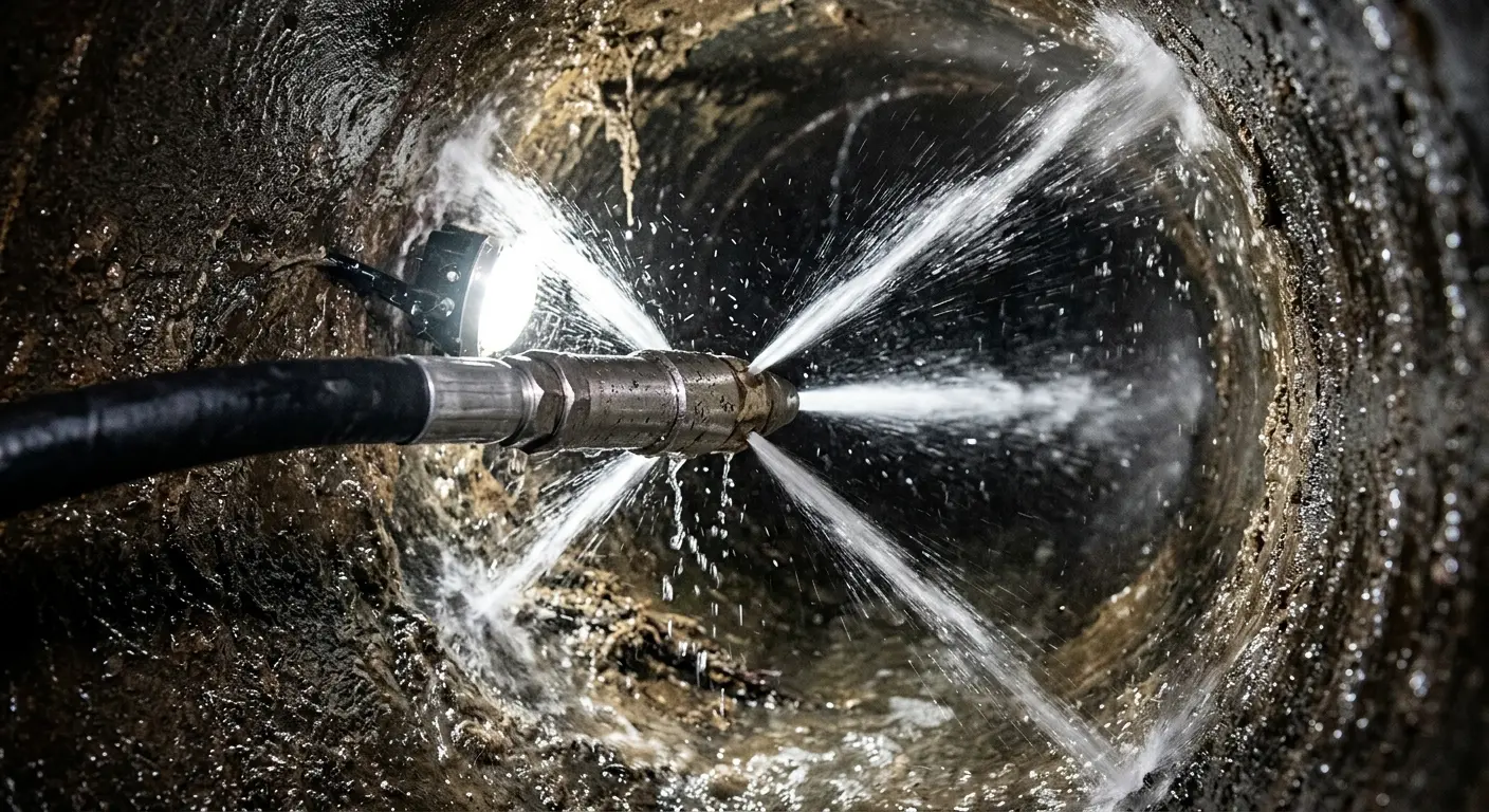 High-pressure hydro jetting nozzle cleaning sewer pipe for Emergency Drain Service in Broadview