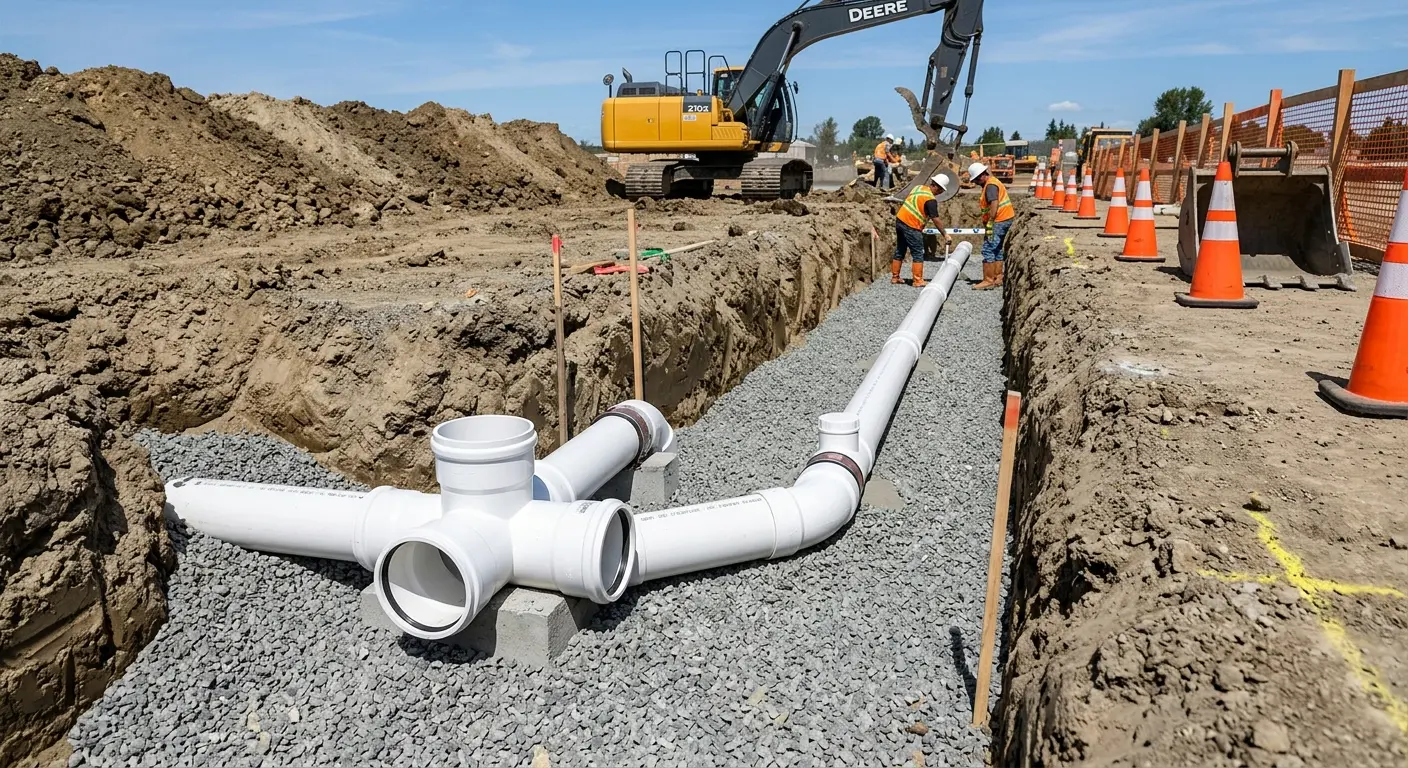 New PVC sewer pipe installation in open trench for Grease Trap Cleaning in Broadview
