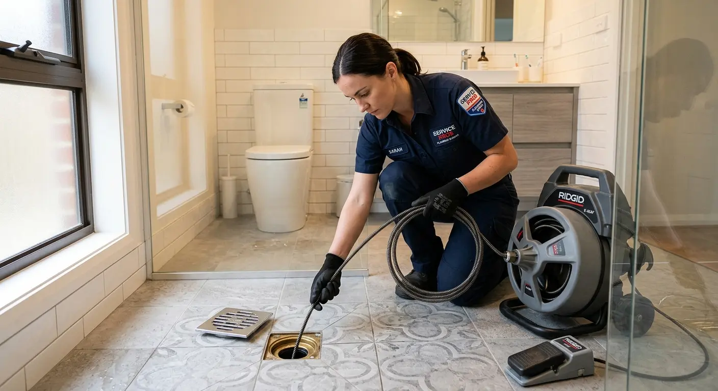 Technician clearing a bathroom floor drain for Sewer Line Installation in Broadview